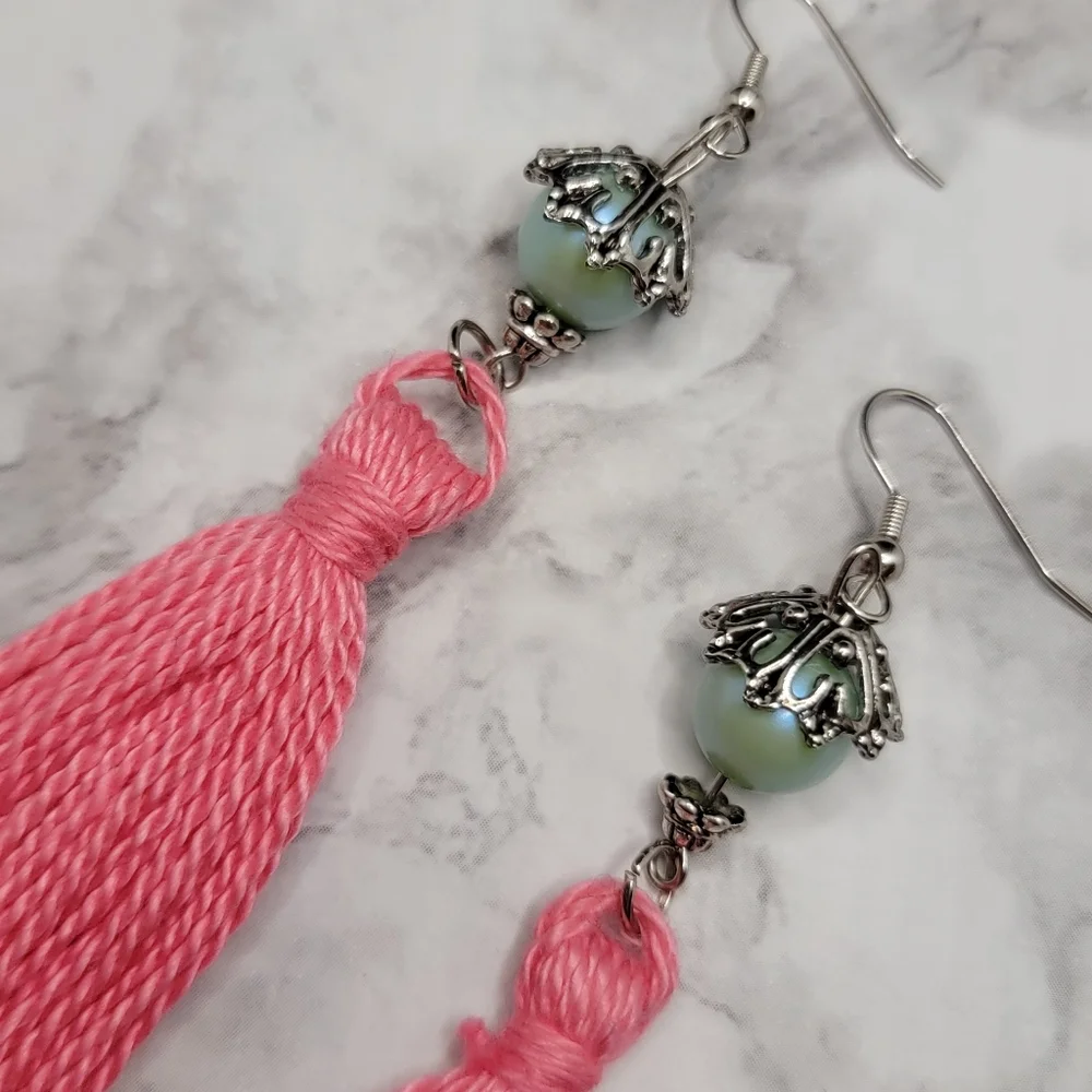 Handmade Tassel Earrings Pink Minty Teal Pearlescent Faux Pearl Bell Boho Hippie